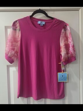 CeCe Hot Pink Tee with Sheer Floral Puff Sleeves